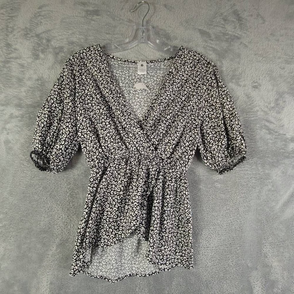 Cozy Rozy Womens Blouse Black Animal Print Short Sleeve Puff Elastic Waist S New